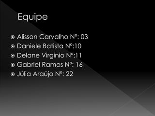  Alisson Carvalho Nº: 03
 Daniele Batista Nº:10
 Delane Virginio Nº:11
 Gabriel Ramos Nº: 16
 Júlia Araújo Nº: 22
 