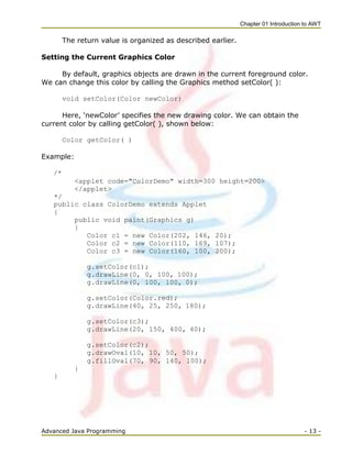 Chapter 01 Introduction to AWT
Advanced Java Programming - 13 -
The return value is organized as described earlier.
Setting the Current Graphics Color
By default, graphics objects are drawn in the current foreground color.
We can change this color by calling the Graphics method setColor( ):
void setColor(Color newColor)
Here, ‗newColor‘ specifies the new drawing color. We can obtain the
current color by calling getColor( ), shown below:
Color getColor( )
Example:
/*
<applet code="ColorDemo" width=300 height=200>
</applet>
*/
public class ColorDemo extends Applet
{
public void paint(Graphics g)
{
Color c1 = new Color(202, 146, 20);
Color c2 = new Color(110, 169, 107);
Color c3 = new Color(160, 100, 200);
g.setColor(c1);
g.drawLine(0, 0, 100, 100);
g.drawLine(0, 100, 100, 0);
g.setColor(Color.red);
g.drawLine(40, 25, 250, 180);
g.setColor(c3);
g.drawLine(20, 150, 400, 40);
g.setColor(c2);
g.drawOval(10, 10, 50, 50);
g.fillOval(70, 90, 140, 100);
}
}
 