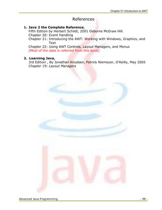 Chapter 01 Introduction to AWT
Advanced Java Programming - 98 -
References
1. Java 2 the Complete Reference,
Fifth Edition by Herbert Schildt, 2001 Osborne McGraw Hill.
Chapter 20: Event Handling
Chapter 21: Introducing the AWT: Working with Windows, Graphics, and
Text
Chapter 22: Using AWT Controls, Layout Managers, and Menus
(Most of the data is referred from this book)
2. Learning Java,
3rd Edition , By Jonathan Knudsen, Patrick Niemeyer, O'Reilly, May 2005
Chapter 19: Layout Managers
 