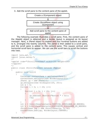 Chapter 02 Tour of Swing
Advanced Java Programming - 21 -
Create a JComponent object
Create JScrollPane object using
JComponent
Add scroll pane to the content pane of
applet
3. Add the scroll pane to the content pane of the applet.
The following example illustrates a scroll pane. First, the content pane of
the JApplet object is obtained and a border layout is assigned as its layout
manager. Next, a JPanel object is created and four hundred buttons are added
to it, arranged into twenty columns. The panel is then added to a scroll pane,
and the scroll pane is added to the content pane. This causes vertical and
horizontal scroll bars to appear. We can use the scroll bars to scroll the buttons
into view.
import java.awt.*;
import javax.swing.*;
/*
<applet code="JScrollPaneDemo" width=300 height=250>
</applet>
*/
public class JScrollPaneDemo extends JApplet
{
public void init()
{
Container contentPane = getContentPane();
contentPane.setLayout(new BorderLayout());
JPanel jp = new JPanel();
jp.setLayout(new GridLayout(20, 20));
int b = 0;
for(int i = 0; i < 20; i++)
{
for(int j = 0; j < 20; j++)
{
jp.add(new JButton("Button " + b));
++b;
}
}
int v = ScrollPaneConstants.VERTICAL_SCROLLBAR_AS_NEEDED;
int h = ScrollPaneConstants.HORIZONTAL_SCROLLBAR_AS_NEEDED;
JScrollPane jsp = new JScrollPane(jp, v, h);
contentPane.add(jsp, BorderLayout.CENTER);
}
 