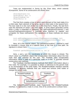 Chapter 02 Tour of Swing
Advanced Java Programming - 23 -
DefaultMutableTreeNode
TreeNode
MutableTreeNode
Trees are implemented in Swing by the JTree class, which extends
JComponent. Some of its constructors are shown here:
JTree(Hashtable ht)
JTree(Object obj[ ])
JTree(TreeNode tn)
JTree(Vector v)
The first form creates a tree in which each element of the hash table ht is
a child node. Each element of the array obj is a child node in the second form.
The tree node tn is the root of the tree in the third form. Finally, the last form
uses the elements of vector v as child nodes. A JTree object generates events
when a node is expanded or collapsed. The addTreeExpansionListener( ) and
removeTreeExpansionListener( ) methods allow listeners to register and
unregister for these notifications. The signatures of these methods are shown
here:
void addTreeExpansionListener(TreeExpansionListener tel)
void removeTreeExpansionListener(TreeExpansionListener tel)
Here, tel is the listener object. The getPathForLocation( ) method is used
to translate a mouse click on a specific point of the tree to a tree path. Its
signature is shown here:
TreePath getPathForLocation(int x, int y)
Here, x and y are the coordinates at which the mouse is clicked. The
return value is a TreePath object that encapsulates information about the tree
node that was selected by the user. The TreePath class encapsulates
information about a path to a particular node in a tree. It provides several
constructors and methods.
The TreeNode interface declares methods that obtain information about a
tree node. For example, it is possible to obtain a reference to the parent node
or an enumeration of the child nodes. The MutableTreeNode interface extends
TreeNode. It declares methods that can insert and remove child nodes or
change the parent node.
The DefaultMutableTreeNode class implements the MutableTreeNode
interface. It represents a node in a tree. One of its constructors is shown here:
 