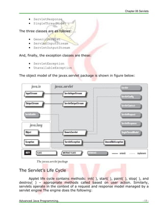 Chapter 06 Servlets
Advanced Java Programming. - 13 -
 ServletResponse
 SingleThreadModel
The three classes are as follows:
 GenericServlet
 ServletInputStream
 ServletOutputStream
And, finally, the exception classes are these:
 ServletException
 UnavailableException
The object model of the javax.servlet package is shown in figure below:
The Servlet‘s Life Cycle
Applet life cycle contains methods: init( ), start( ), paint( ), stop( ), and
destroy( ) – appropriate methods called based on user action. Similarly,
servlets operate in the context of a request and response model managed by a
servlet engine The engine does the following:
 
