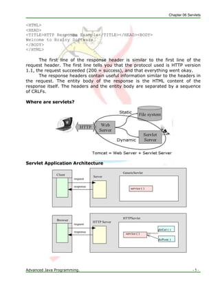 Chapter 06 Servlets
Advanced Java Programming. - 5 -
<HTML>
<HEAD>
<TITLE>HTTP Response Example</TITLE></HEAD><BODY>
Welcome to Brainy Software
</BODY>
</HTML>
The first line of the response header is similar to the first line of the
request header. The first line tells you that the protocol used is HTTP version
1.1, the request succeeded (200 = success), and that everything went okay.
The response headers contain useful information similar to the headers in
the request. The entity body of the response is the HTML content of the
response itself. The headers and the entity body are separated by a sequence
of CRLFs.
Where are servlets?
Servlet Application Architecture
HTTPServlet
 