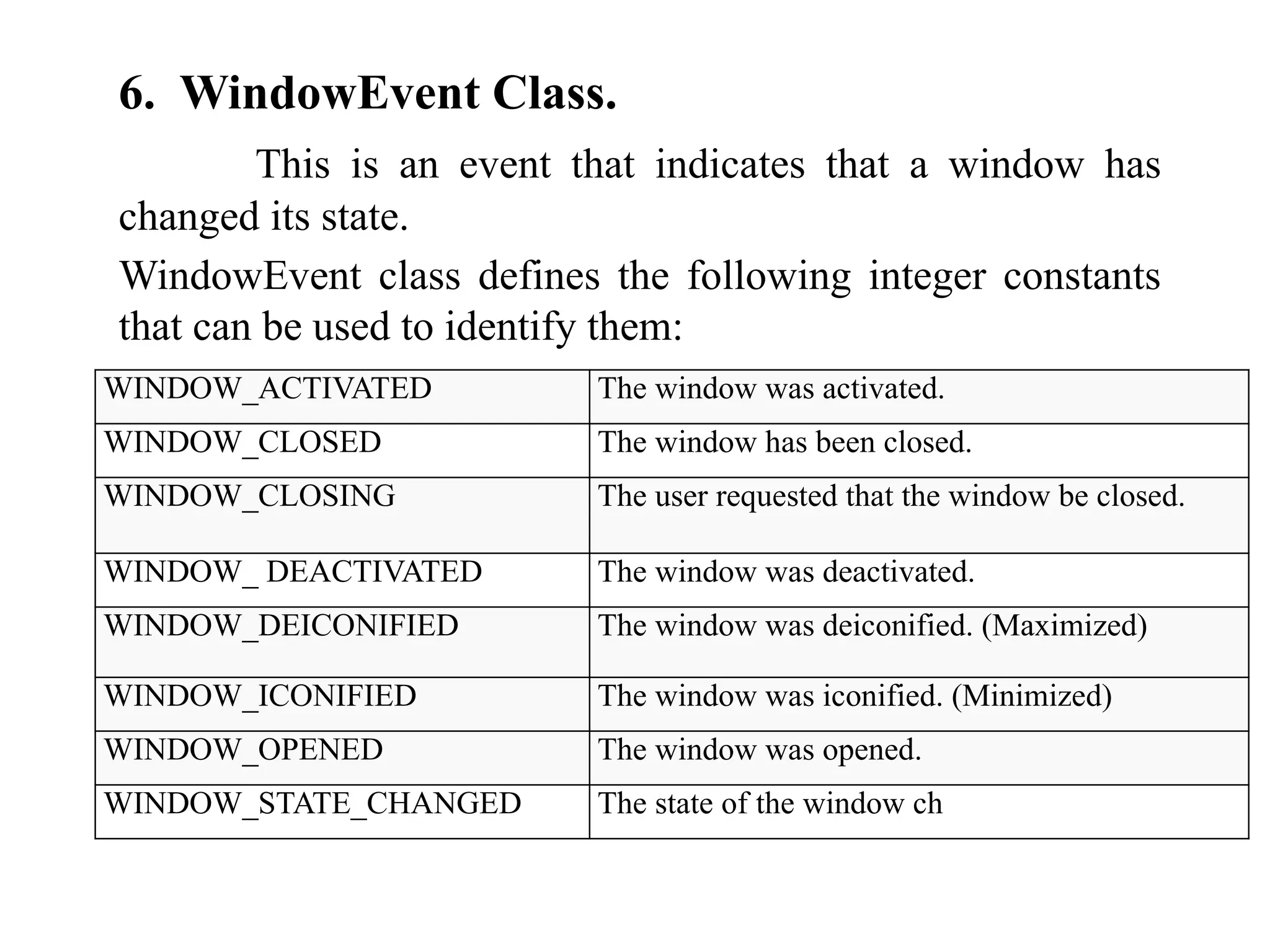 6. WindowEvent Class.
This is an event that indicates that a window has
changed its state.
WindowEvent class defines the following integer constants
that can be used to identify them:
WINDOW_ACTIVATED The window was activated.
WINDOW_CLOSED The window has been closed.
WINDOW_CLOSING The user requested that the window be closed.
WINDOW_ DEACTIVATED The window was deactivated.
WINDOW_DEICONIFIED The window was deiconified. (Maximized)
WINDOW_ICONIFIED The window was iconified. (Minimized)
WINDOW_OPENED The window was opened.
WINDOW_STATE_CHANGED The state of the window ch
 