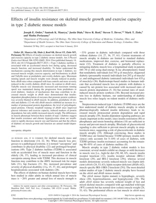 Effects of insulin resistance on skeletal muscle growth and exercise capacity
in type 2 diabetic mouse models
Joseph E. Ostler,1
Santosh K. Maurya,1
Justin Dials,2
Steve R. Roof,1
Steven T. Devor,1,2
Mark T. Ziolo,1
and Muthu Periasamy1
1
Department of Physiology and Cell Biology, The Ohio State University College of Medicine, Columbus, Ohio; and
2
Department of Health Sciences, The Ohio State University College of Education and Human Ecology, Columbus, Ohio
Submitted 20 May 2013; accepted in ﬁnal form 8 January 2014
Ostler JE, Maurya SK, Dials J, Roof SR, Devor ST, Ziolo MT,
Periasamy M. Effects of insulin resistance on skeletal muscle growth
and exercise capacity in type 2 diabetic mouse models. Am J Physiol
Endocrinol Metab 306: E592–E605, 2014. First published January 14,
2014; doi:10.1152/ajpendo.00277.2013.—Type 2 diabetes mellitus is
associated with an accelerated muscle loss during aging, decreased
muscle function, and increased disability. To better understand the
mechanisms causing this muscle deterioration in type 2 diabetes, we
assessed muscle weight, exercise capacity, and biochemistry in db/db
and TallyHo mice at prediabetic and overtly diabetic ages. Maximum
running speeds and muscle weights were already reduced in predia-
betic db/db mice when compared with lean controls and more severely
reduced in the overtly diabetic db/db mice. In contrast to db/db mice,
TallyHo muscle size dramatically increased and maximum running
speed was maintained during the progression from prediabetes to
overt diabetes. Analysis of mechanisms that may contribute to de-
creased muscle weight in db/db mice demonstrated that insulin-
dependent phosphorylation of enzymes that promote protein synthesis
was severely blunted in db/db muscle. In addition, prediabetic (6-wk-
old) and diabetic (12-wk-old) db/db muscle exhibited an increase in a
marker of proteasomal protein degradation, the level of polyubiquiti-
nated proteins. Chronic treadmill training of db/db mice improved
glucose tolerance and exercise capacity, reduced markers of protein
degradation, but only mildly increased muscle weight. The differences
in muscle phenotype between these models of type 2 diabetes suggest
that insulin resistance and chronic hyperglycemia alone are insufﬁ-
cient to rapidly decrease muscle size and function and that the effects
of diabetes on muscle growth and function are animal model-depen-
dent.
sarcopenia; ubiquitin
AS HUMANS AGE, IT IS COMMON for skeletal muscle mass and
function to deteriorate (14, 22, 36). When muscle loss pro-
gresses to a pathological extreme, it is termed “sarcopenia” and
contributes to physical disability (22) and prolonged hospital-
izations (49). Type 2 diabetes mellitus (T2DM) is associated
with an accelerated loss of muscle mass and function in the
elderly (36, 37), leading to increased prevalence of clinical
sarcopenia among those with T2DM. This decrease in muscle
function may contribute to the 400% increased risk for major
falls (31), hip fractures (31, 56), increased prevalence and
severity of physical disability (11a, 15, 37, 44), and prolonged
hospitalizations associated with diabetes (28).
The effects of diabetes on human skeletal muscle have been
best studied in older adults in which annual loss of muscle
mass is ϳ26% greater and annual loss of muscle strength is
ϳ33% greater in diabetic individuals compared with those
without diabetes (14, 27, 36, 37, 61). Current treatments of
muscle atrophy in diabetes are limited to standard diabetic
medications, improved diet, exercise, and hormonal replace-
ment (32). Treatment of diabetes is partially effective in
mitigating diabetic muscle loss; a longitudinal study in patients
(60–70 yr old) using dual-energy X-ray absorptiometry found
that nondiabetic individuals lost 193 g of muscle/yr, diagnosed
diabetic (presumably treated) individuals lost 293 g of muscle/
yr, and undiagnosed diabetic (untreated) individuals lost 435 g
of muscle/yr (36). Radioisotope-based studies in humans indi-
cate that accelerated muscle loss in patients with diabetes is
caused by net protein loss associated with increased rates of
muscle protein degradation (5, 16) but normal rates of meal-
induced muscle protein synthesis (30). Beyond increased pro-
tein loss in diabetic humans, our understanding of diabetic
muscle loss relies largely on rodent models of diabetes melli-
tus.
Streptozotocin-induced type 1 diabetic (T1DM) mice are the
best understood model of diabetic muscle atrophy in which
pharmacologically induced insulin deﬁciency leads to in-
creased muscle proteasomal protein degradation and rapid
muscle atrophy (39). Insulin-dependent signaling pathways are
clearly important in this model, since insulin restoration (40) or
phosphatase and tensin homolog ablation (18) are sufﬁcient to
rescue and prevent muscle atrophy. Blockade of glucocorticoid
signaling is also sufﬁcient to prevent muscle atrophy in strep-
tozotocin mice, suggesting a role of glucocorticoids in diabetic
muscle atrophy (19). Although convincing, these studies in
T1DM mice are limited because T1DM (primary insulin deﬁ-
ciency) only accounts for 5–10% of cases of diabetes, with
T2DM (primary insulin resistance) accounting for the remain-
ing 90–95% of cases of diabetes mellitus (8).
Muscle atrophy in type 2 diabetic rodent models is less
consistent; several models exhibit no change or mild decreases
in muscle size [i.e., high-fat diet (50, 60, 65), muscle insulin
receptor knockout (12), insulin receptor substrate (IRS)-1
knockout (29), and IRS-2 knockout (29)], whereas several
models demonstrate severely reduced muscle size [leptin deﬁ-
cient (ob/ob) (24, 53, 63), leptin receptor deﬁcient (db/db) (62),
muscle speciﬁc IRS-1/IRS-2 knockout (29)]. The most detailed
rodent studies of type 2 diabetic muscle atrophy have focused
on the ob/ob and db/db mouse models.
The ob/ob mouse (leptin mutant) is hyperphagic, severely
obese (20), hyperinsulinemic, and hyperglycemic (58). The
adult ob/ob mouse has severely reduced weight of fast and
mixed skeletal muscles compared with age-matched wild-type
(WT) controls but has normal slow (soleus) muscle weight (24,
53, 63). The preferential effects on fast muscle in ob/ob mice
Address for reprint requests and other correspondence: M. Periasamy, 300
Hamilton Hall, 1645 Neil Ave., Columbus, OH 43210 (e-mail: Muthu.
periasamy@osumc.edu).
Am J Physiol Endocrinol Metab 306: E592–E605, 2014.
First published January 14, 2014; doi:10.1152/ajpendo.00277.2013.
0193-1849/14 Copyright © 2014 the American Physiological Society http://www.ajpendo.orgE592
Downloaded from www.physiology.org/journal/ajpendo by ${individualUser.givenNames} ${individualUser.surname} (185.144.067.020) on June 30, 2018.
Copyright © 2014 American Physiological Society. All rights reserved.
 
