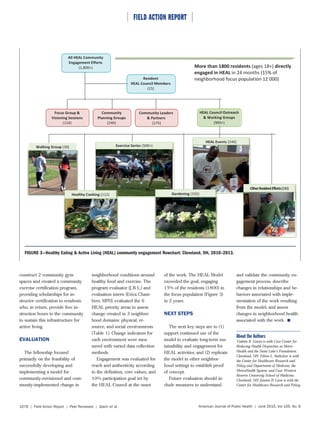 ⏐ FIELD ACTION REPORT ⏐
American Journal of Public Health | June 2015, Vol 105, No. 61076 | Field Action Report | Peer Reviewed | Gavin et al.
⏐ FIELD ACTION REPORT ⏐
construct 2 community gym
spaces and created a community
exercise certification program,
providing scholarships for in-
structor certification to residents
who, in return, provide free in-
struction hours to the community
to sustain this infrastructure for
active living.
EVALUATION
The fellowship focused
primarily on the feasibility of
successfully developing and
implementing a model for
community-envisioned and com-
munity-implemented change in
neighborhood conditions around
healthy food and exercise. The
program evaluator (J.B.L.) and
evaluation intern (Erica Cham-
bers, MPH) evaluated the 6
HEAL priority areas to assess
change created in 3 neighbor-
hood domains: physical, re-
source, and social environments
(Table 1). Change indicators for
each environment were mea-
sured with varied data collection
methods.
Engagement was evaluated for
reach and authenticity according
to the definition, core values, and
10% participation goal set by
the HEAL Council at the onset
of the work. The HEAL Model
exceeded the goal, engaging
15% of the residents (1800) in
the focus population (Figure 3)
in 2 years.
NEXT STEPS
The next key steps are to (1)
support continued use of the
model to evaluate long-term sus-
tainability and engagement for
HEAL activities, and (2) replicate
the model in other neighbor-
hood settings to establish proof
of concept.
Future evaluation should in-
clude measures to understand
and validate the community en-
gagement process, describe
changes in relationships and be-
haviors associated with imple-
mentation of the work resulting
from the model, and assess
changes in neighborhood health
associated with the work.
About the Authors
Vedette R. Gavin is with Case Center for
Reducing Health Disparities at Metro-
Health and the Saint Luke’s Foundation,
Cleveland, OH. Eileen L. Seeholzer is with
the Center for Healthcare Research and
Policy and Department of Medicine, the
MetroHealth System, and Case Western
Reserve University School of Medicine,
Cleveland, OH. Janeen B. Leon is with the
Center for Healthcare Research and Policy,
FIGURE 3—Healthy Eating & Active Living (HEAL) community engagement flowchart: Cleveland, OH, 2010–2013.
 