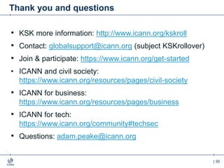 | 30
Thank you and questions
• KSK more information: http://www.icann.org/kskroll
• Contact: globalsupport@icann.org (subject KSKrollover)
• Join & participate: https://www.icann.org/get-started
• ICANN and civil society:
https://www.icann.org/resources/pages/civil-society
• ICANN for business:
https://www.icann.org/resources/pages/business
• ICANN for tech:
https://www.icann.org/community#techsec
• Questions: adam.peake@icann.org
 