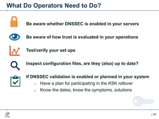 | 38
What Do Operators Need to Do?
Be aware whether DNSSEC is enabled in your servers
Be aware of how trust is evaluated in your operations
Test/verify your set ups
Inspect configuration files, are they (also) up to date?
If DNSSEC validation is enabled or planned in your system
o Have a plan for participating in the KSK rollover
o Know the dates, know the symptoms, solutions
 