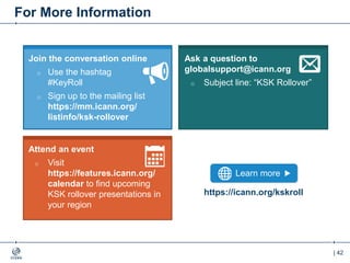 | 42
For More Information
Join the conversation online
o Use the hashtag
#KeyRoll
o Sign up to the mailing list
https://mm.icann.org/
listinfo/ksk-rollover
Attend an event
o Visit
https://features.icann.org/
calendar to find upcoming
KSK rollover presentations in
your region
Ask a question to
globalsupport@icann.org
o Subject line: “KSK Rollover”
Learn more
https://icann.org/kskroll
 