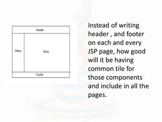 Instead of writing
header , and footer
on each and every
JSP page, how good
will it be having
common tile for
those components
and include in all the
pages.
 