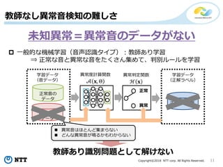 Copyright©2018 NTT corp. All Rights Reserved. 11
教師なし異常音検知の難しさ
異常音の
データ
正常音の
データ
学習データ
（音データ）
学習データ
（正解ラベル）
正常
異常
正常 or 異常
 一般的な機械学習（音声認識タイプ）：教師あり学習
⇒ 正常な音と異常な音をたくさん集めて、判別ルールを学習
 異常音はほとんど集まらない
 どんな異常音が鳴るかもわからない
教師あり識別問題として解けない
異常判定関数
ℋ 𝐱
異常度計算関数
𝒜 𝐱, Θ
未知異常＝異常音のデータがない
 