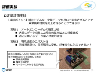 Copyright©2018 NTT corp. All Rights Reserved.
定量評価実験
【確認ポイント】既存モデルを、少量データを用いて変化させることで
異常検知精度を向上させることができるか
実験１：オートエンコーダとの精度比較
 大量にデータ収集した場合の従来法との精度比較
 適応に用いるデータ量と精度の調査
実験２：環境適応のロバスト性
 同機種異個体、周囲環境の変化、経年変化に対応できるか？
機器や環境などの様々な変化を収集するために、
車の模型の走行音を収集して実験
 同機種異個体
 環境音の変化
 モーターにかかる電圧が変化
評価実験
39
 
