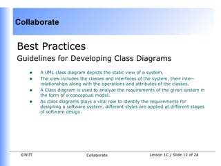 Collaborate


Best Practices
Guidelines for Developing Class Diagrams
    •    A UML class diagram depicts the static view of a system.
    •    The view includes the classes and interfaces of the system, their inter-
         relationships along with the operations and attributes of the classes.
    •    A Class diagram is used to analyze the requirements of the given system in
         the form of a conceptual model.
    •    As class diagrams plays a vital role to identify the requirements for
         designing a software system, different styles are applied at different stages
         of software design.




 ©NIIT                        Collaborate                   Lesson 1C / Slide 12 of 24
 