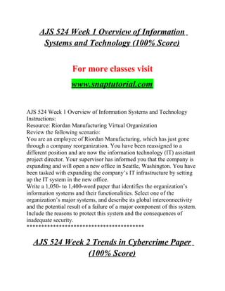 AJS 524 Week 1 Overview of Information
Systems and Technology (100% Score)
For more classes visit
www.snaptutorial.com
AJS 524 Week 1 Overview of Information Systems and Technology
Instructions:
Resource: Riordan Manufacturing Virtual Organization
Review the following scenario:
You are an employee of Riordan Manufacturing, which has just gone
through a company reorganization. You have been reassigned to a
different position and are now the information technology (IT) assistant
project director. Your supervisor has informed you that the company is
expanding and will open a new office in Seattle, Washington. You have
been tasked with expanding the company’s IT infrastructure by setting
up the IT system in the new office.
Write a 1,050- to 1,400-word paper that identifies the organization’s
information systems and their functionalities. Select one of the
organization’s major systems, and describe its global interconnectivity
and the potential result of a failure of a major component of this system.
Include the reasons to protect this system and the consequences of
inadequate security.
****************************************
AJS 524 Week 2 Trends in Cybercrime Paper
(100% Score)
 