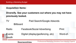 Acquisition Items:
Diversify. See your customers out where you may not have
previously looked.
TV Paid Search/Google Adwords
Billboard
Radio Facebook/Social Advertising Print
Events Digital (display/geofencing, etc) Word-of-
mouth
Sponsorships
Building a Marketing Budget
 