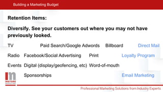 Retention Items:
Diversify. See your customers out where you may not have
previously looked.
TV Paid Search/Google Adwords Billboard Direct Mail
Radio Facebook/Social Advertising Print Loyalty Program
Events Digital (display/geofencing, etc) Word-of-mouth
Sponsorships Email Marketing
Building a Marketing Budget
 