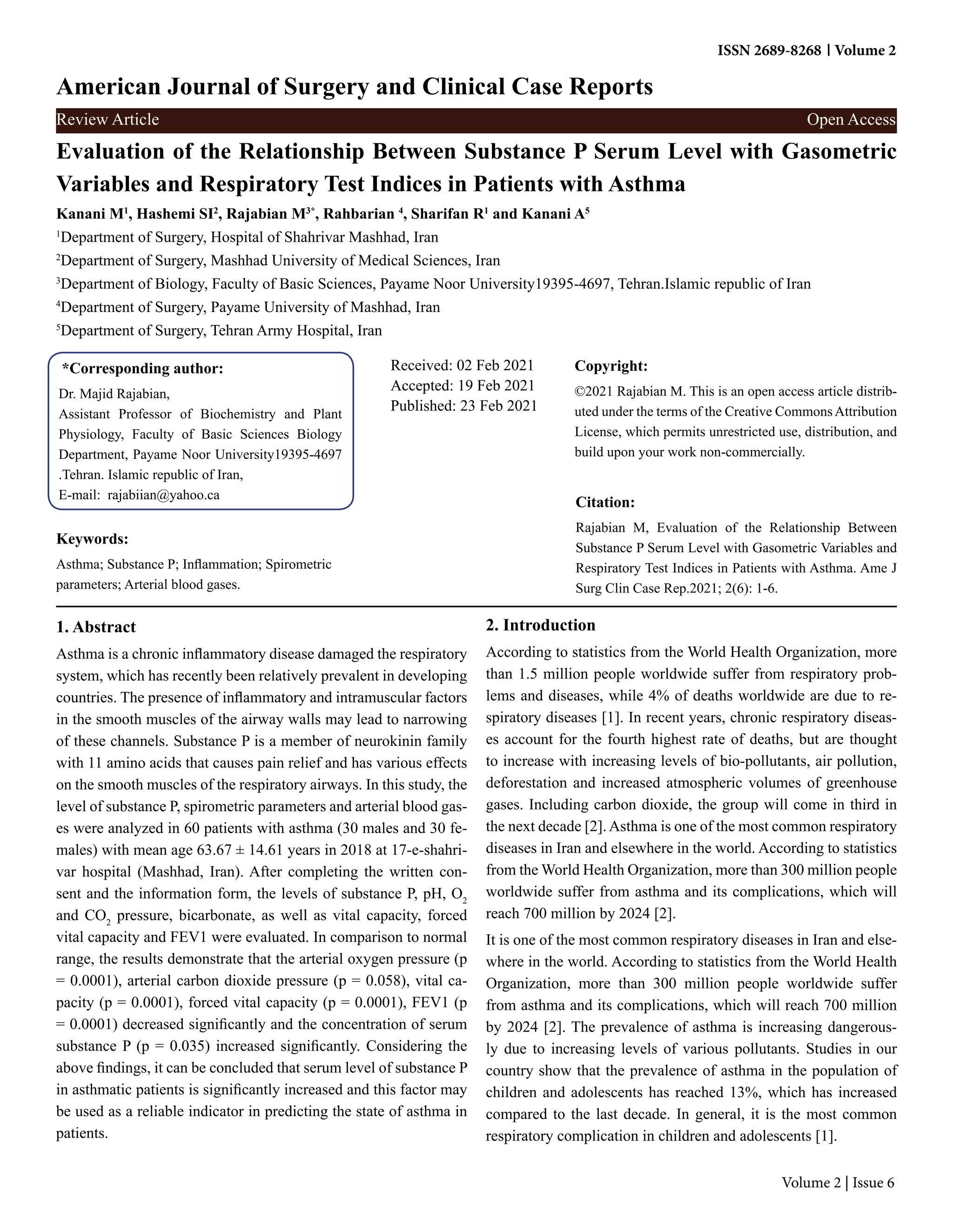 Evaluation of the Relationship Between Substance P Serum Level with