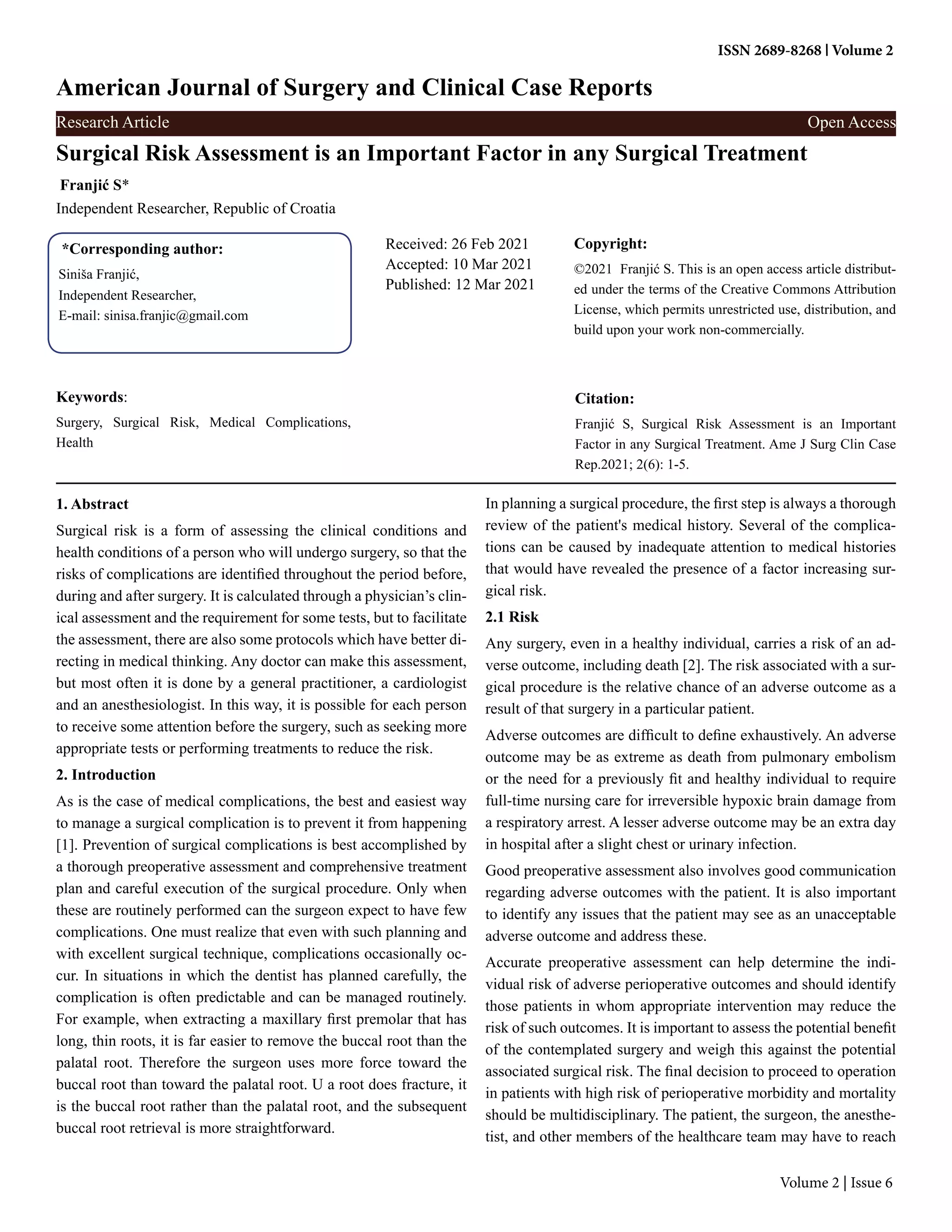 Surgical Risk Assessment is an Important Factor in any Surgical ...