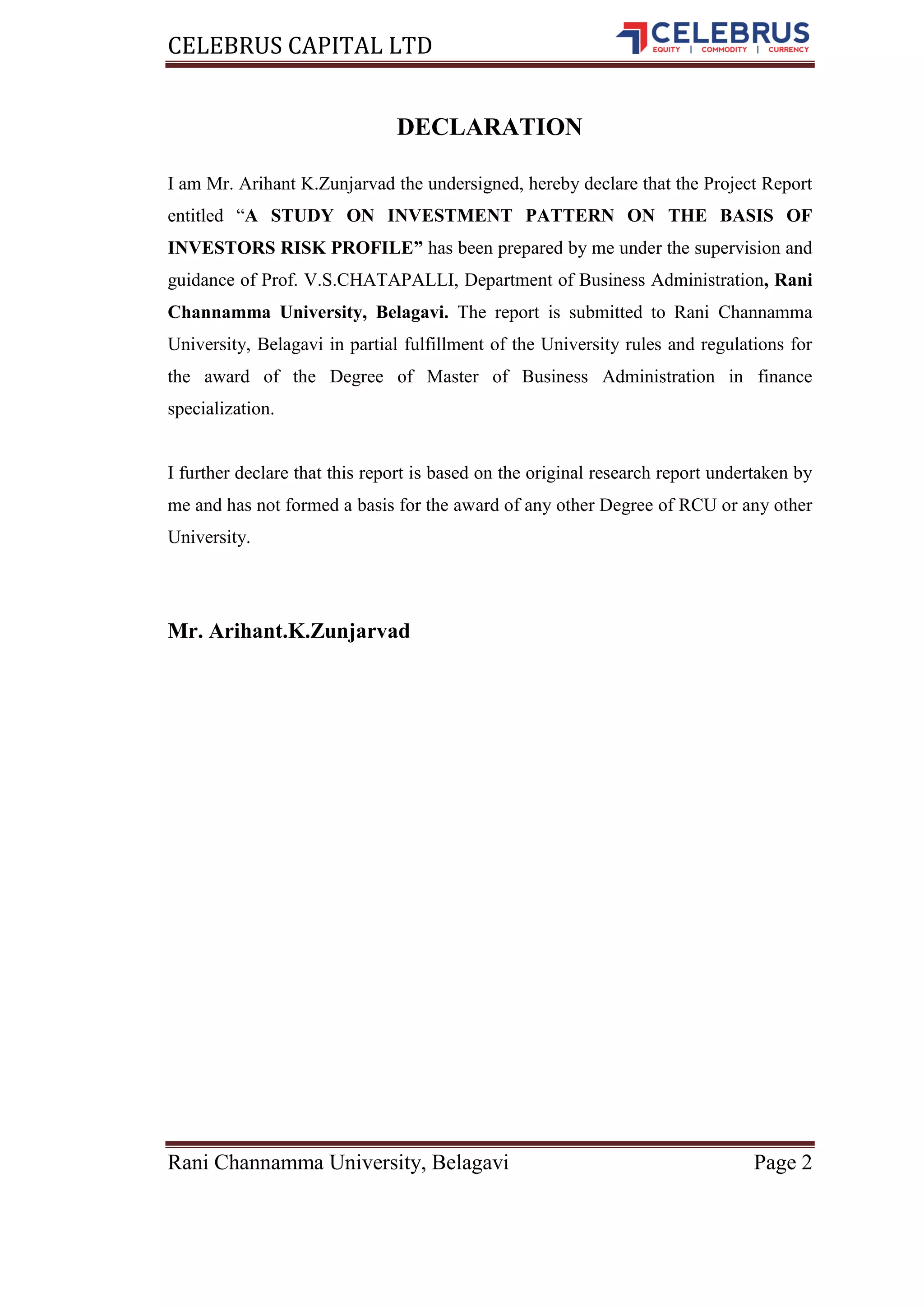 Investment Pattern on the basis of investors risk profile | PDF