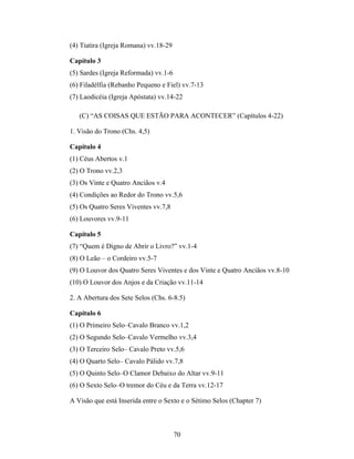(4) Tiatira (Igreja Romana) vv.18-29

Capítulo 3
(5) Sardes (Igreja Reformada) vv.1-6
(6) Filadélfia (Rebanho Pequeno e Fiel) vv.7-13
(7) Laodicéia (Igreja Apóstata) vv.14-22

   (C) “AS COISAS QUE ESTÃO PARA ACONTECER” (Capítulos 4-22)

1. Visão do Trono (Chs. 4,5)

Capítulo 4
(1) Céus Abertos v.1
(2) O Trono vv.2,3
(3) Os Vinte e Quatro Anciãos v.4
(4) Condições ao Redor do Trono vv.5,6
(5) Os Quatro Seres Viventes vv.7,8
(6) Louvores vv.9-11

Capítulo 5
(7) “Quem é Digno de Abrir o Livro?” vv.1-4
(8) O Leão – o Cordeiro vv.5-7
(9) O Louvor dos Quatro Seres Viventes e dos Vinte e Quatro Anciãos vv.8-10
(10) O Louvor dos Anjos e da Criação vv.11-14

2. A Abertura dos Sete Selos (Chs. 6-8.5)

Capítulo 6
(1) O Primeiro Selo–Cavalo Branco vv.1,2
(2) O Segundo Selo–Cavalo Vermelho vv.3,4
(3) O Terceiro Selo– Cavalo Preto vv.5,6
(4) O Quarto Selo– Cavalo Pálido vv.7,8
(5) O Quinto Selo–O Clamor Debaixo do Altar vv.9-11
(6) O Sexto Selo–O tremor do Céu e da Terra vv.12-17

A Visão que está Inserida entre o Sexto e o Sétimo Selos (Chapter 7)



                                       70
 