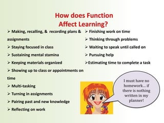  Making, recalling, & recording plans &
assignments
 Staying focused in class
 Sustaining mental stamina
 Keeping materials organized
 Showing up to class or appointments on
time
 Multi-tasking
 Turning in assignments
 Pairing past and new knowledge
 Reflecting on work
 Finishing work on time
 Thinking through problems
 Waiting to speak until called on
 Pursuing help
Estimating time to complete a task
I must have no
homework… if
there is nothing
written in my
planner!
 