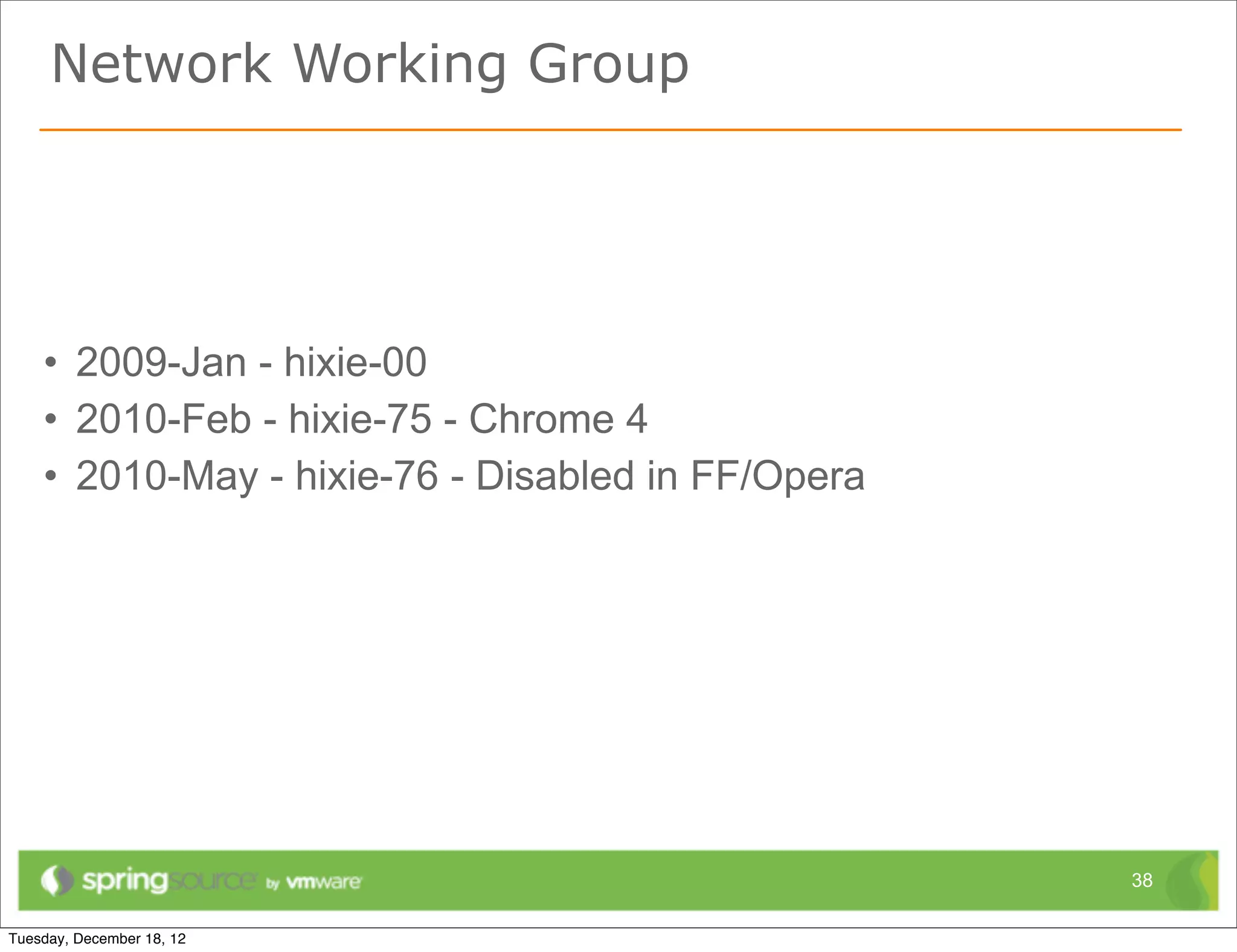 Network Working Group




• 2009-Jan - hixie-00
• 2010-Feb - hixie-75 - Chrome 4
• 2010-May - hixie-76 - Disabled in FF/Opera




                                               38
 