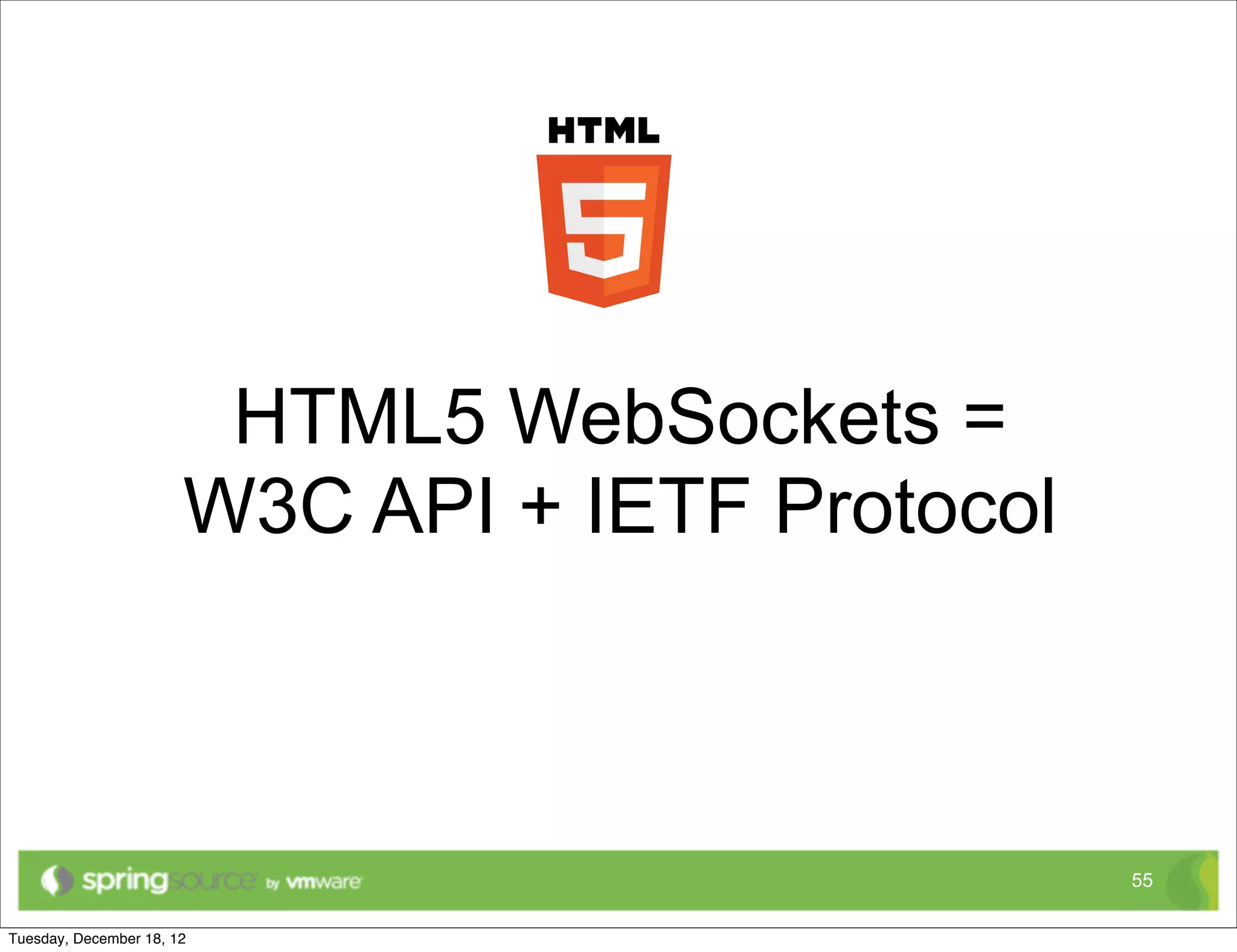 HTML5 WebSockets =
W3C API + IETF Protocol



                          55
 