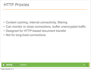 HTTP Proxies



•   Content caching, internet connectivity, filtering
•   Can monitor or close connections, buffer unencrypted traffic
•   Designed for HTTP-based document transfer
•   Not for long-lived connections




                                                              26
 