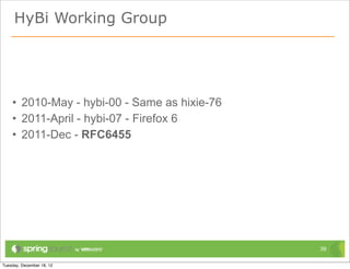 HyBi Working Group




• 2010-May - hybi-00 - Same as hixie-76
• 2011-April - hybi-07 - Firefox 6
• 2011-Dec - RFC6455




                                          39
 