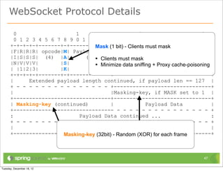 WebSocket Protocol Details

  0                   1                           2                        3
  0 1 2 3 4 5 6 7 8 9 0 1 2 3 4 5 6 7 8 9 0 1 2 3 4 5 6 7 8 9 0 1
+-+-+-+-+-------+-+-------------+-------------------------------+
                              Mask (1 bit) - Clients must mask
|F|R|R|R| opcode|M| Payload len |           Extended payload length            |
|I|S|S|S| (4) |A|         (7) • Clients must mask
                                     |                  (16/64)                |
|N|V|V|V|        |S|          • Minimize data sniffing + Proxy cache-poisoning |
                                     |    (if payload len==126/127)
| |1|2|3|        |K|                 |                                         |
+-+-+-+-+-------+-+-------------+ - - - - - - - - - - - - - - - +
|      Extended payload length continued, if payload len == 127 |
+ - - - - - - - - - - - - - - - +-------------------------------+
|                                    |Masking-key, if MASK set to 1 |
+-------------------------------+-------------------------------+
| Masking-key (continued)            |               Payload Data              |
+-------------------------------- - - - - - - - - - - - - - - - +
:                       Payload Data continued ...                             :
+ - - - - - - - - - - - - - - - - - - - - - - - - - - - - - - - +
|                       Payload Data continued ...                             |
+---------------------------------------------------------------+
                  Masking-key (32bit) - Random (XOR) for each frame
                        http://www.ietf.org/rfc/rfc6455.txt

                                                                            47
 
