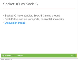 Socket.IO vs SockJS


• Socket.IO more popular, SockJS gaining ground
• SockJS focused on transports, horizontal scalability
• Discussion thread




                                                         67
 
