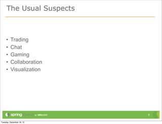 The Usual Suspects



•   Trading
•   Chat
•   Gaming
•   Collaboration
•   Visualization




                     8
 