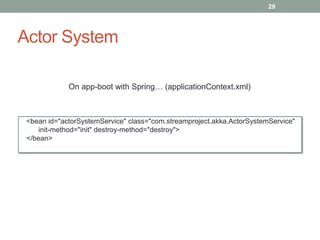 Actor System 
29 
<bean id="actorSystemService" class="com.streamproject.akka.ActorSystemService" 
init-method="init" destroy-method="destroy"> 
</bean> 
On app-boot with Spring… (applicationContext.xml) 
 