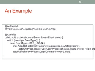 An Example 
63 
@Autowired 
private CoreUserDetailsServiceImpl userService; 
@Override 
public void processInboundEvent(StreamEvent event) { 
switch (event.getEventType()) { 
case EventType.USER_LOGIN: { 
final ActorRef actorRef = actorSystemService.getActorSystem() 
.actorOf(Props.create(UserLoginProcessor.class, userService), "login-processor 
actorRef.tell(new ProcessLoginCommand(event), null); 
… 
 