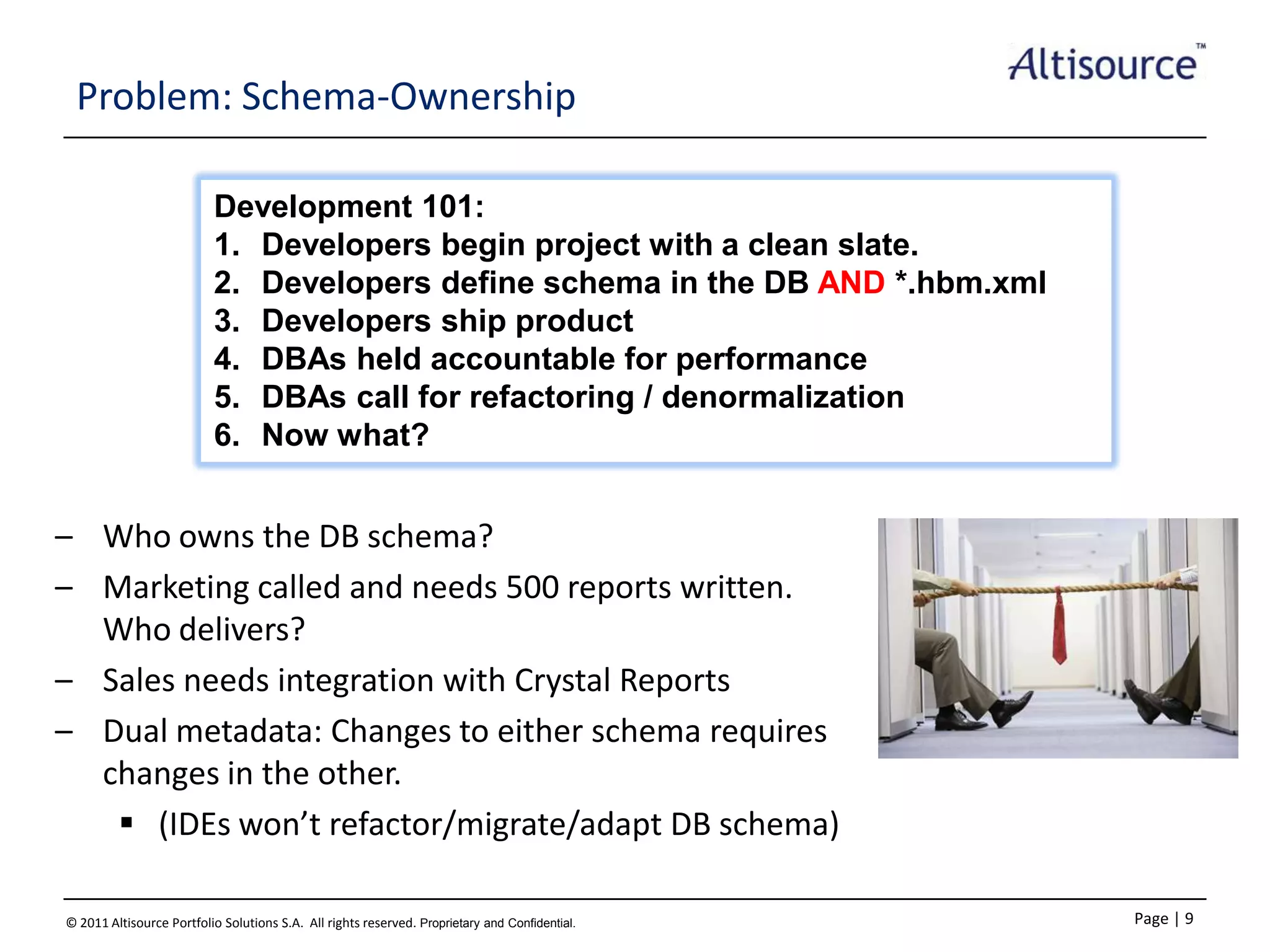 Problem: Schema-Ownership
Development 101:
1. Developers begin project with a clean slate.
2. Developers define schema in the DB AND *.hbm.xml
3. Developers ship product
4. DBAs held accountable for performance
5. DBAs call for refactoring / denormalization
6. Now what?

– Who owns the DB schema?
– Marketing called and needs 500 reports written.
Who delivers?
– Sales needs integration with Crystal Reports
– Dual metadata: Changes to either schema requires
changes in the other.
 (IDEs won’t refactor/migrate/adapt DB schema)
© 2011 Altisource Portfolio Solutions S.A. All rights reserved. Proprietary and Confidential.

Page | 9

 