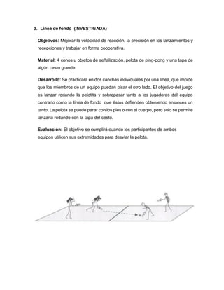 3. Línea de fondo (INVESTIGADA)
Objetivos: Mejorar la velocidad de reacción, la precisión en los lanzamientos y
recepciones y trabajar en forma cooperativa.
Material: 4 conos u objetos de señalización, pelota de ping-pong y una tapa de
algún cesto grande.
Desarrollo: Se practicara en dos canchas individuales por una línea, que impide
que los miembros de un equipo puedan pisar el otro lado. El objetivo del juego
es lanzar rodando la pelotita y sobrepasar tanto a los jugadores del equipo
contrario como la línea de fondo que éstos defienden obteniendo entonces un
tanto. La pelota se puede parar con los pies o con el cuerpo, pero solo se permite
lanzarla rodando con la tapa del cesto.
Evaluación: El objetivo se cumplirá cuando los participantes de ambos
equipos utilicen sus extremidades para desviar la pelota.
 