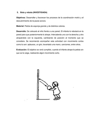 5. Bota y rebota (INVESTIGADA)
Objetivos: Desarrollar y favorecer los procesos de la coordinación motriz y el
descubrimiento de la pauta sonora.
Material: Pelota de esponja grande y de distintos colores.
Desarrollo: Se colocará al niño frente a una pared. El infante lo rebotará en la
pared para que posteriormente lo atrape. Intercalando uno con la derecha y otro
atrapándolo con la izquierda, cambiando de posición al momento que se
considere. Se recomiendo acompañar esta actividad con movimiento cortos
como lo son: aplausos, un giro, levantado una mano, canciones, entre otros.
Evaluación: El objetivo se verá cumplido, cuando el infante atrape la pelota sin
que se le caiga, realizando algún movimiento corto.
 