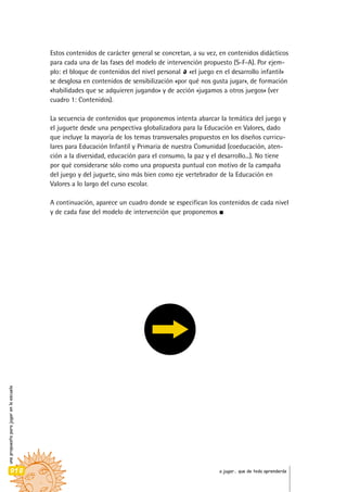 unapropuestaparajugarenlaescuela
018 a jugar… que de todo aprenderás
Estos contenidos de carácter general se concretan, a su vez, en contenidos didácticos
para cada una de las fases del modelo de intervención propuesto (S-F-A). Por ejem-
plo: el bloque de contenidos del nivel personal a «el juego en el desarrollo infantil»
se desglosa en contenidos de sensibilización «por qué nos gusta jugar», de formación
«habilidades que se adquieren jugando» y de acción «jugamos a otros juegos» (ver
cuadro 1: Contenidos).
La secuencia de contenidos que proponemos intenta abarcar la temática del juego y
el juguete desde una perspectiva globalizadora para la Educación en Valores, dado
que incluye la mayoría de los temas transversales propuestos en los diseños curricu-
lares para Educación Infantil y Primaria de nuestra Comunidad (coeducación, aten-
ción a la diversidad, educación para el consumo, la paz y el desarrollo...). No tiene
por qué considerarse sólo como una propuesta puntual con motivo de la campaña
del juego y del juguete, sino más bien como eje vertebrador de la Educación en
Valores a lo largo del curso escolar.
A continuación, aparece un cuadro donde se especifican los contenidos de cada nivel
y de cada fase del modelo de intervención que proponemos
 