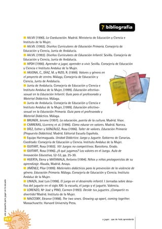 AA.VV (1990). La Coeducación. Madrid. Ministerio de Educación y Ciencia e
Instituto de la Mujer.
AA.VV. (1992). Diseños Curriculares de Educación Primaria. Consejería de
Educación y Ciencia, Junta de Andalucía.
AA.VV. (1993). Diseños Curriculares de Educación Infantil. Sevilla. Consejería de
Educación y Ciencia, Junta de Andalucía.
APDH (1990). Aprender a jugar, aprender a vivir. Sevilla. Consejería de Educación
y Ciencia e Instituto Andaluz de la Mujer.
ARJONA, C., DÍAZ, M. y RIZO, R. (1999). Valores y género en
el proyecto de centro. Málaga, Consejería de Educación y
Ciencia, Junta de Andalucía.
Junta de Andalucía. Consejería de Educación y Ciencia e
Instituto Andaluz de la Mujer, (1999). Educación afectivo-
sexual en la Educación Infantil. Guía para el profesorado y
Material Didáctico. Málaga.
Junta de Andalucía. Consejería de Educación y Ciencia e
Instituto Andaluz de la Mujer, (1999). Educación afectivo-
sexual en la Educación Primaria. Guía para el profesorado y
Material Didáctico. Málaga.
BRUNER, Jerome (1997). La educación, puerta de la cultura. Madrid. Visor.
CARRERAS, LLorrenç et al. (1996). Cómo educar en valores. Madrid. Narcea.
DÍEZ, Esther y GONZÁLEZ, Rosa (1996). Taller de valores. Educación Primaria
(Propuesta Didáctica). Madrid. Editorial Escuela Española.
Equipo Harimaguada. Unidad Didáctica: Juego y Juguete. Gobierno de Canarias.
Coeditado: Consejería de Educación y Ciencia. Instituto Andaluz de la Mujer.
GUITART, Rosa (1993). 101 Juegos no competitivos. Barcelona. Grado.
GUITART, Rosa (1996). ¿A qué jugamos? Los valores en el Juego. Aula de
Innovación Educativa, 52-53, pp. 25-30.
HUERTA, Elena y MATAMALA, Antonio (1994). Niños y niñas protagonistas de su
aprendizaje. Alauda, Madrid. Anaya.
JIMÉNEZ, Pilar (1999). Materiales didácticos para la prevención de la violencia de
género. Educación Primaria. Málaga. Consejería de Educación y Ciencia. Instituto
Andaluz de la Mujer.
LINAZA, José Luis (1998). El juego en el desarrollo infantil. I Jornadas sobre desa-
fíos del juguete en el siglo XXI: la escuela, el juego y el juguete. Valencia.
LORENZO, Mª José y PINO, Carmen (1993). Decide tus juguetes. ¡Compartir es
divertido! Madrid. Instituto de la Mujer.
MACCOBY, Eleanor (1998). The two sexes. Growing up apart, coming together.
Massachusetts: Harvard University Press.
unapropuestaparajugarenlaescuela
024 a jugar… que de todo aprenderás
7 bibliografía
 