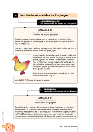 secuenciadeactividades
042 a jugar… que de todo aprenderás
actividad 13
«Fichero de juegos grupales»
Se hará un juego de grupo donde sea necesaria la participación de los
demás, por ejemplo el pollito inglés, el esconder, pañuelito, policía y ladro-
nes, el fútbol, etc.
Una vez el juego haya concluido, se preguntará a los niños y niñas qué habría
ocurrido si no hubiera habido nadie con quien jugar.
A continuación, se realizará, entre todos y todas, una
lista lo más extensa posible de juegos a los que no se
pueda jugar sin los demás. Con esta lista, elaborare-
mos el fichero de juegos grupales. Para ello, se divi-
dirá a la clase en pequeños grupos, cada grupo elegi-
rá algunos juegos, y rellenará la primera parte de la
ficha que se adjunta.
Este fichero se puede revisar y completar al finali-
zar las actividades 14 y 15.
Ver FICHA 7 «Fichero de juegos grupales»
actividad 14
«Analizando los juegos»
Se analizarán los tipos de relaciones que se dan en los juegos previamente
desarrollados. Si se estima oportuno se puede proponer la realización de
puzzles de mesa (de más de 24 piezas) que se realizarán en grupos pequeños,
o el TAMGRAN (juegos de figuras geométricas para construir imágenes).
Una vez hayan completado el puzzle o la figura del tamgran, se analizarán los
a las relaciones sociales en los juegos
SENSIBILIZACIÓN
la necesidad de jugar en compañía1
FORMACIÓN
tipos de relaciones en los juegos2
 