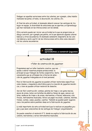 secuenciadeactividades
047a jugar… que de todo aprenderás
Indagar en aquellas variaciones entre los cohetes, por ejemplo, cómo habéis
realizado las patas, el humo, la decoración, los colores, etc.
Al final de esta actividad, el alumnado deberá conocer las ventajas de tra-
bajar en equipo, la diversidad de soluciones que se aportan y el aprendizaje
que han realizado en las interacciones con los demás.
Otra variante puede ser iniciar una actividad en la que se proporciona un
dibujo concreto, por ejemplo una pelota, en la que aparecen algunos colores
básicos y otros secundarios. El alumnado solamente dispondría de los colo-
res básicos y será a partir de las interacciones entre ellos como descubri-
rán los colores secundarios.
actividad 18
«Taller de construcción de juguetes»
Proponemos aquí un taller bastante creativo, que nos
ayuda a valorar nuestras propias producciones; lo
principal es que trabajen de forma cooperativa. Sería
conveniente que se utilizasen los criterios de selec-
ción de juguetes trabajados en el nivel personal.
Para la fabricación de juguetes se pueden utilizar materiales específicos
como imanes, o maquinaria electrónica para la creación de juguetes mecáni-
cos, o bien se pueden utilizar material de desecho.
Son de fácil construcción: combas, pelotas de trapo o con goma maciza,
sacos de arena, bolos con botellas de plástico llenas de agua, zancos con
latas, muñecos de trapo o de arena, marionetas o títeres, máscaras y dis-
fraces, instrumentos musicales, libros con papel reciclado, cometas, móviles,
trenes, coches, casas, puzzles, cuentos. También se pueden pedir sugeren-
cias a los padres sobre posibles ideas en la fabricación de juguetes.
Lo más importante de esta actividad será que la realicen en pequeños gru-
pos y que sean conscientes de las ventajas de trabajar conjuntamente.
Se puede consultar el material nº 2, donde se explica la fabricación de una
cometa, marionetas y varios instrumentos musicales.
ACCIÓN
aprendemos a construir juguetes3
 