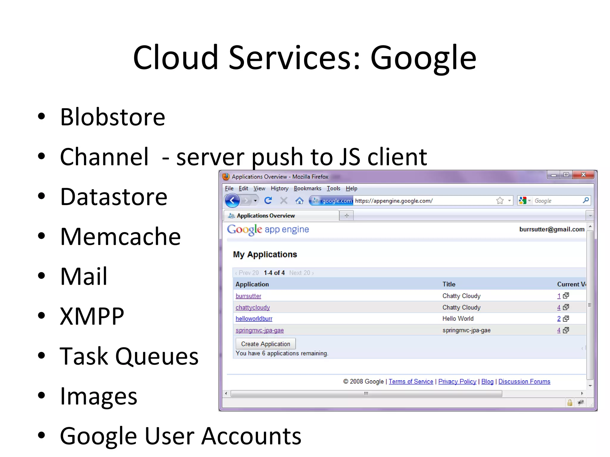 Cloud Services: Google Blobstore Channel  - server push to JS client Datastore Memcache Mail XMPP Task Queues Images Google User Accounts 