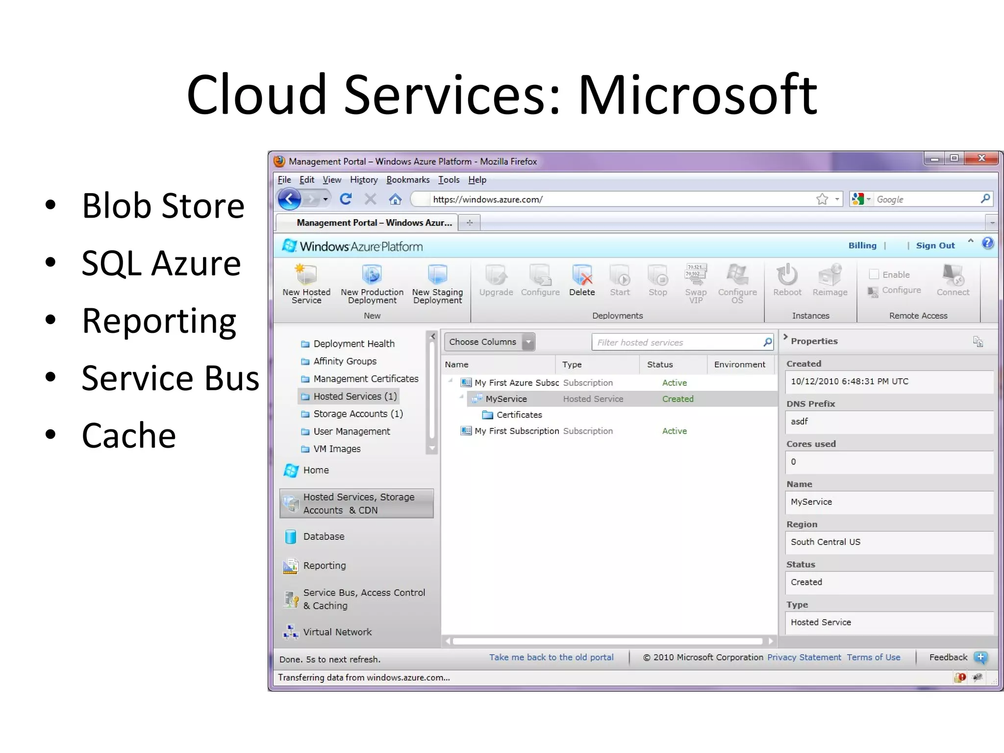Cloud Services: Microsoft Blob Store SQL Azure Reporting Service Bus Cache 