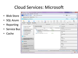 Cloud Services: Microsoft Blob Store SQL Azure Reporting Service Bus Cache 