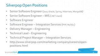 Silverpop Open Positions
•   Senior Software Engineer (Java, Oracle, Spring, Hibernate, MongoDB)
•   Senior Software Engineer – MIS (.NET stack)
•   Software Engineer
•   Software Engineer – Integration Services (PHP, MySQL)
•   Delivery Manager – Engineering
•   Technical Lead – Engineering
•   Technical Project Manager – Integration Services
•   http://www.silverpop.com/marketing-company/careers/open-
    positions.html

                                                                          48
 