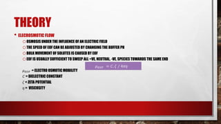THEORY
• ELECROSMOTIC FLOW
oOSMOSIS UNDER THE INFLUENCE OF AN ELECTRIC FIELD
oTHE SPEED OF EOF CAN BE ADJUSTED BY CHANGING THE BUFFER PH
oBULK MOVEMENT OF SOLUTES IS CAUSED BY EOF
oEOF IS USUALLY SUFFICIENT TO SWEEP ALL +VE, NEUTRAL, -VE, SPECIES TOWARDS THE SAME END
𝜇𝐸𝑂𝐹 = 𝐶. 𝜁 ∕ 4𝜋𝜂
𝜇𝐸𝑂𝐹 = ELECTRO OSMOTICMOBILITY
𝐶 = DIELECTRIC CONSTANT
𝜁 = ZETA POTENTIAL
𝜂 = VISCOSITY
𝜇𝐸𝑂𝐹 = 𝐶. 𝜁 ∕ 4𝜋𝜂
 