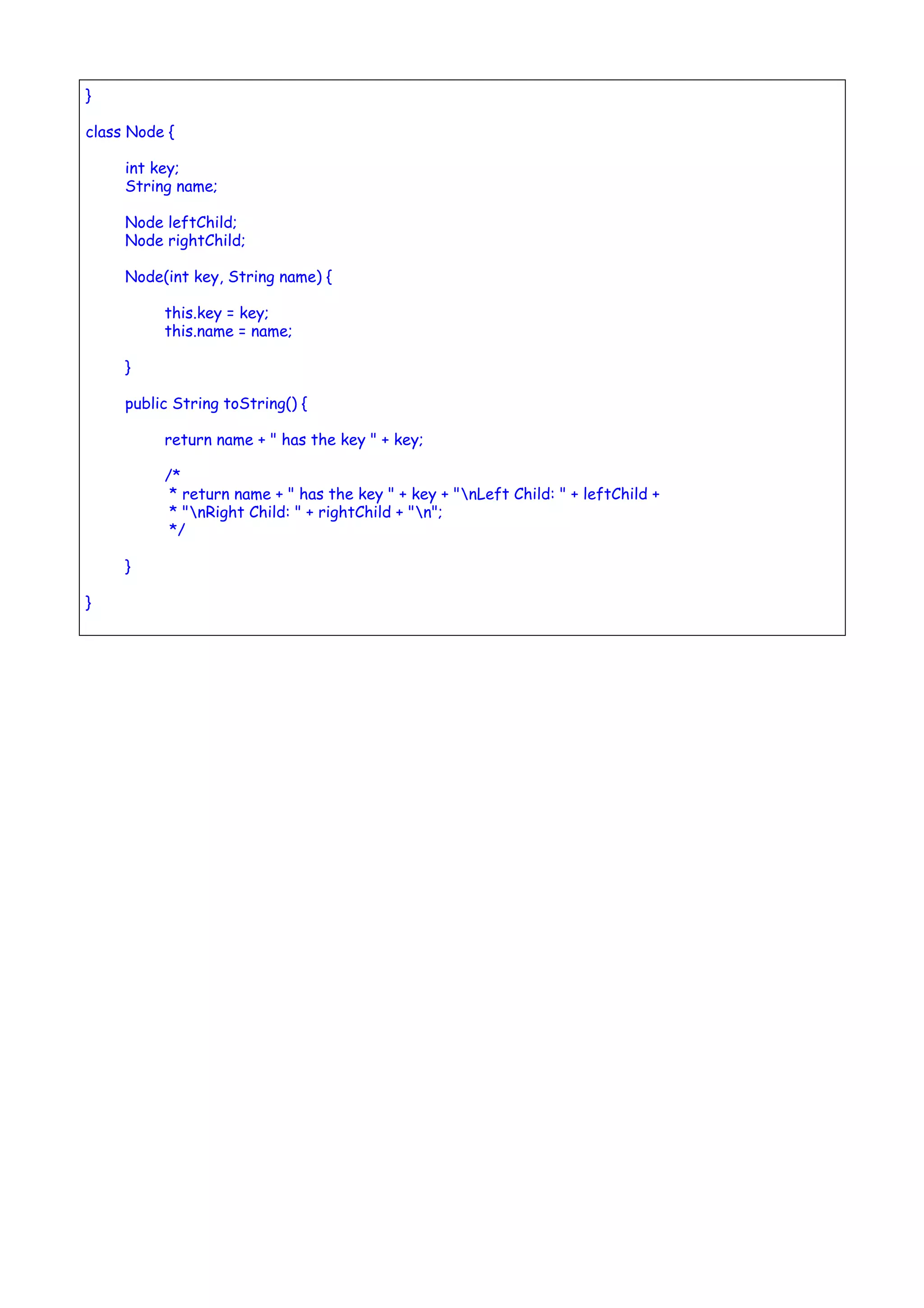 }
class Node {
int key;
String name;
Node leftChild;
Node rightChild;
Node(int key, String name) {
this.key = key;
this.name = name;
}
public String toString() {
return name + " has the key " + key;
/*
* return name + " has the key " + key + "nLeft Child: " + leftChild +
* "nRight Child: " + rightChild + "n";
*/
}
}
 