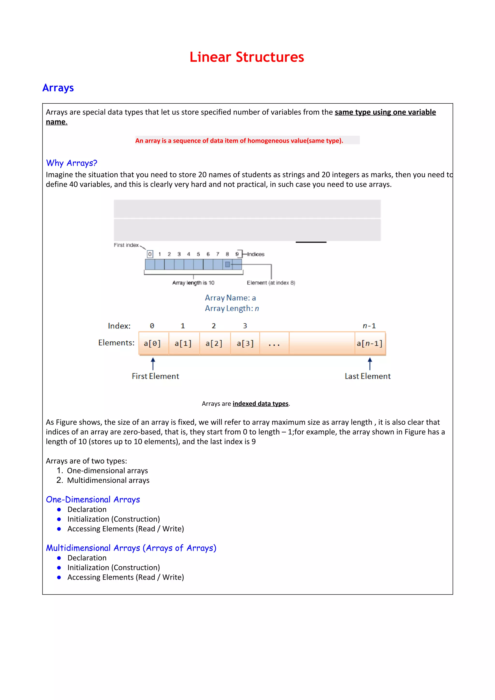 Linear Structures
Arrays
Arrays are special data types that let us store specified number of variables from the same type using one variable
name.
An array is a sequence of data item of homogeneous value(same type).
Why Arrays?
Imagine the situation that you need to store 20 names of students as strings and 20 integers as marks, then you need to
define 40 variables, and this is clearly very hard and not practical, in such case you need to use arrays.
Arrays are indexed data types.
As Figure shows, the size of an array is fixed, we will refer to array maximum size as array length , it is also clear that
indices of an array are zero-based, that is, they start from 0 to length – 1;for example, the array shown in Figure has a
length of 10 (stores up to 10 elements), and the last index is 9
Arrays are of two types:
1. One-dimensional arrays
2. Multidimensional arrays
One-Dimensional Arrays
● Declaration
● Initialization (Construction)
● Accessing Elements (Read / Write)
Multidimensional Arrays (Arrays of Arrays)
● Declaration
● Initialization (Construction)
● Accessing Elements (Read / Write)
 