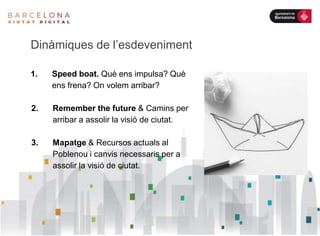 Dinàmiques de l’esdeveniment
1. Speed boat. Què ens impulsa? Què
ens frena? On volem arribar?
2. Remember the future & Camins per
arribar a assolir la visió de ciutat.
3. Mapatge & Recursos actuals al
Poblenou i canvis necessaris per a
assolir la visió de ciutat.
 