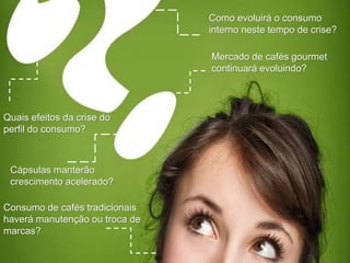 Como evoluirá o consumo
interno neste tempo de crise?
Quais efeitos da crise do
perfil do consumo?
Mercado de cafés gourmet
continuará evoluindo?
Cápsulas manterão
crescimento acelerado?
Consumo de cafés tradicionais
haverá manutenção ou troca de
marcas?
 